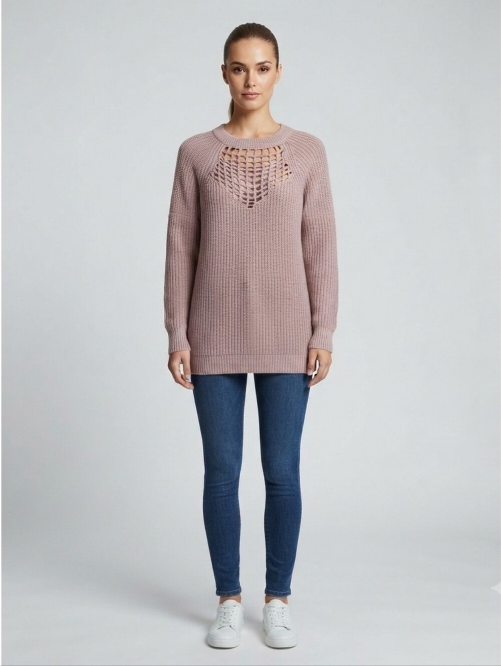Gab Kate Web Cutout Cable Knitted Long Sleeve Tan Pullover Neck Sweater Large